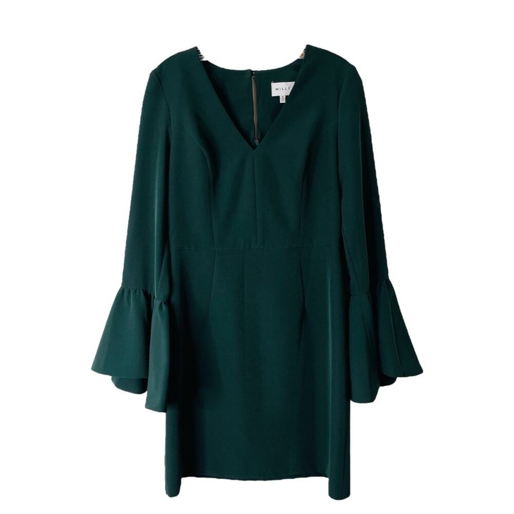Milly green evening wedding holiday Christmas bell sleeve midi dress 8